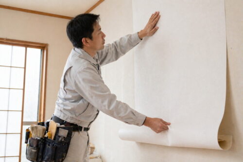 職人が壁紙を貼り替えている様子