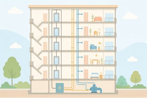 マンションの電気設備と給水ポンプの位置