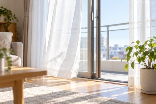 窓を少し開けて換気する冬の部屋