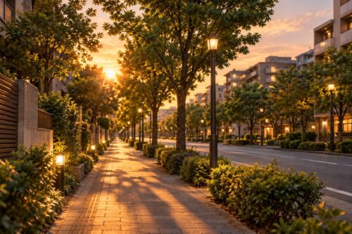 夕方の駅前の並木道